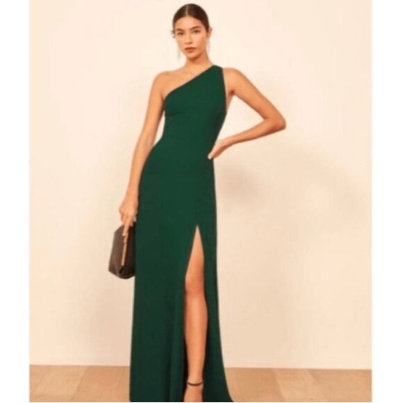 Reformation Evelyn Dress 2 Emerald Green Side Slit Elegant Classy Wedding Guest - Picture 1 of 12
